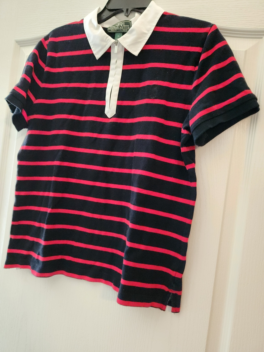 Ralph Lauren Navy and Pink Striped Polo with White Contrast Collar